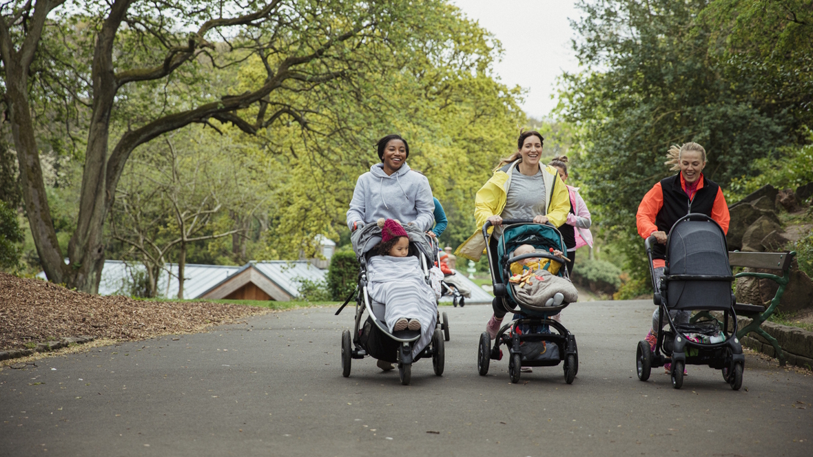 moms jogging with strollers