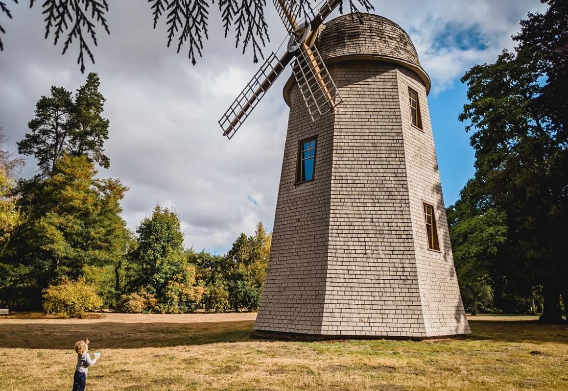 Boy looking up at an old windmill at Marymoor Park in Redmond one of Puget Sound area’s largest park