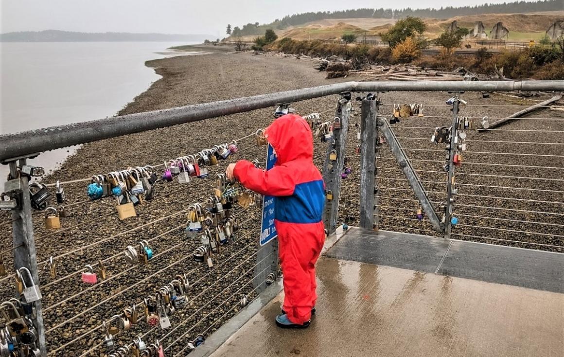 Young boy looking at love locks locked to the bridge crossing the train tracks at the South Sound’s expansive Chambers Creek Regional Park