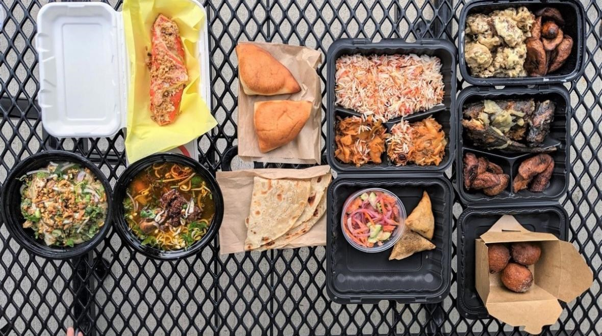 Our lunch spread from Spice Bridge Food Hall. Credit Angelica Lai
