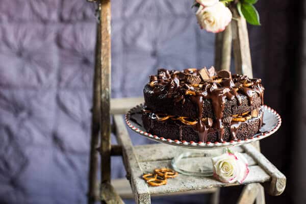 Fudgy One-Bowl Chocolate Peanut Butter Cup Pretzel Cake