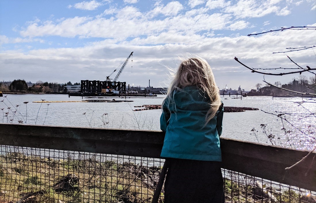 Young girl, participating in a Duwamish Tribe ecotour, leaning against a railing overlooking the Duwamish River
