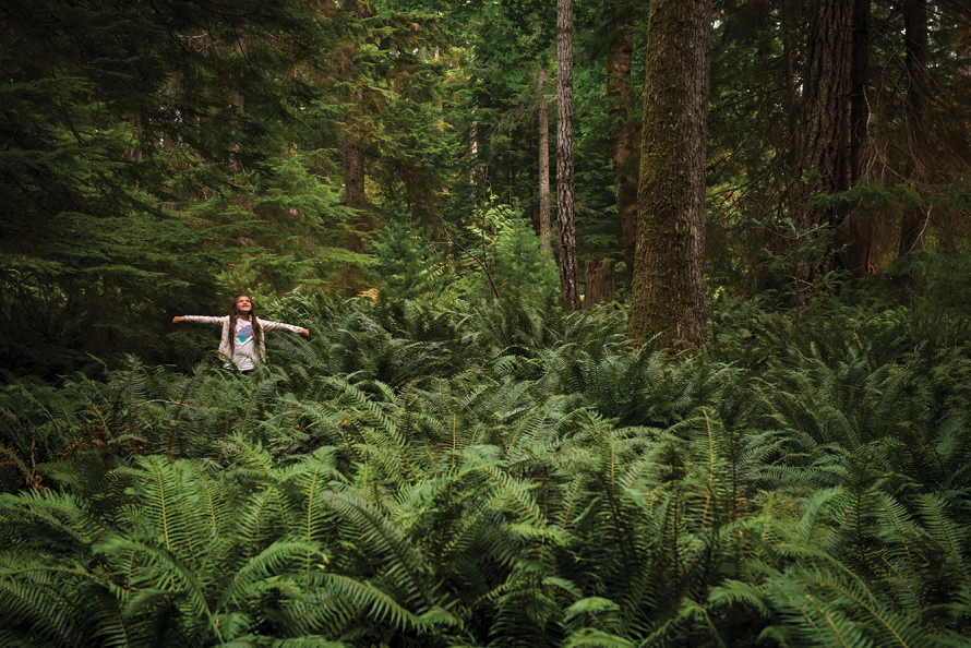 Person standing in a forest wide arms open wide looking up and smiling