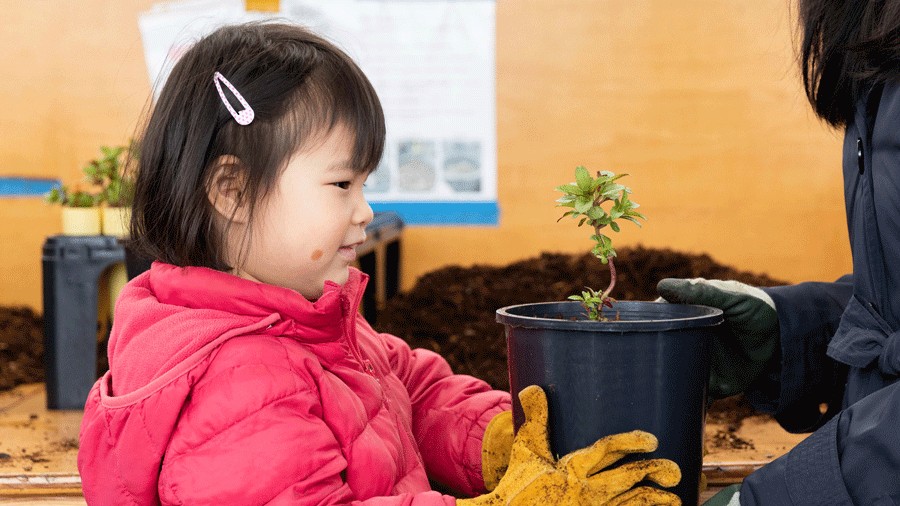young girl learning about planting at a local teaching garden in Seattle