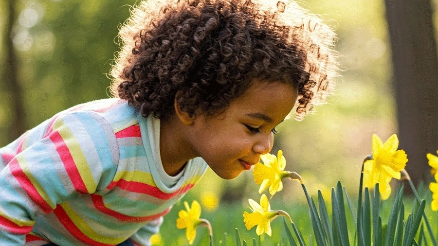 young child smelling daffodils at Bellevue Botanical Garden