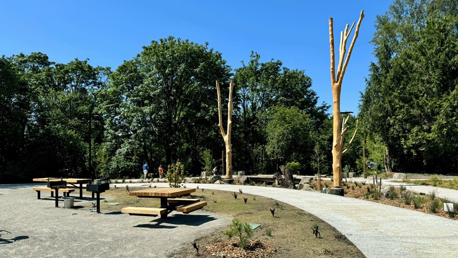 A picnic area with two tables, cookout spots, and a path down the Burke-Gilman trail complete Pathways Park