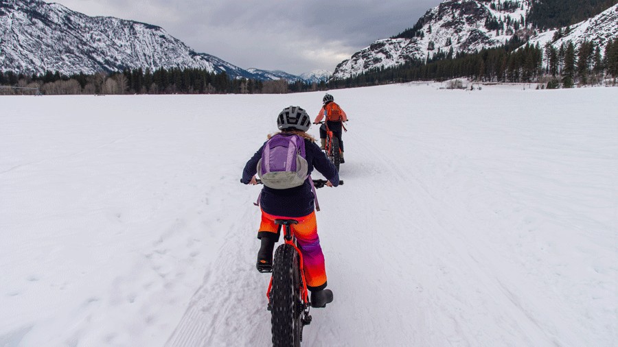 Families riding fat bikes through Methow Valley
