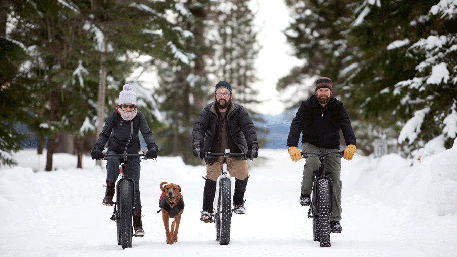 family riding fat bikes through the snow with their dog walking alongside them
