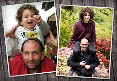 Man with baby on his shoulders next to image of man with teenager on his shoulders, baby grown up