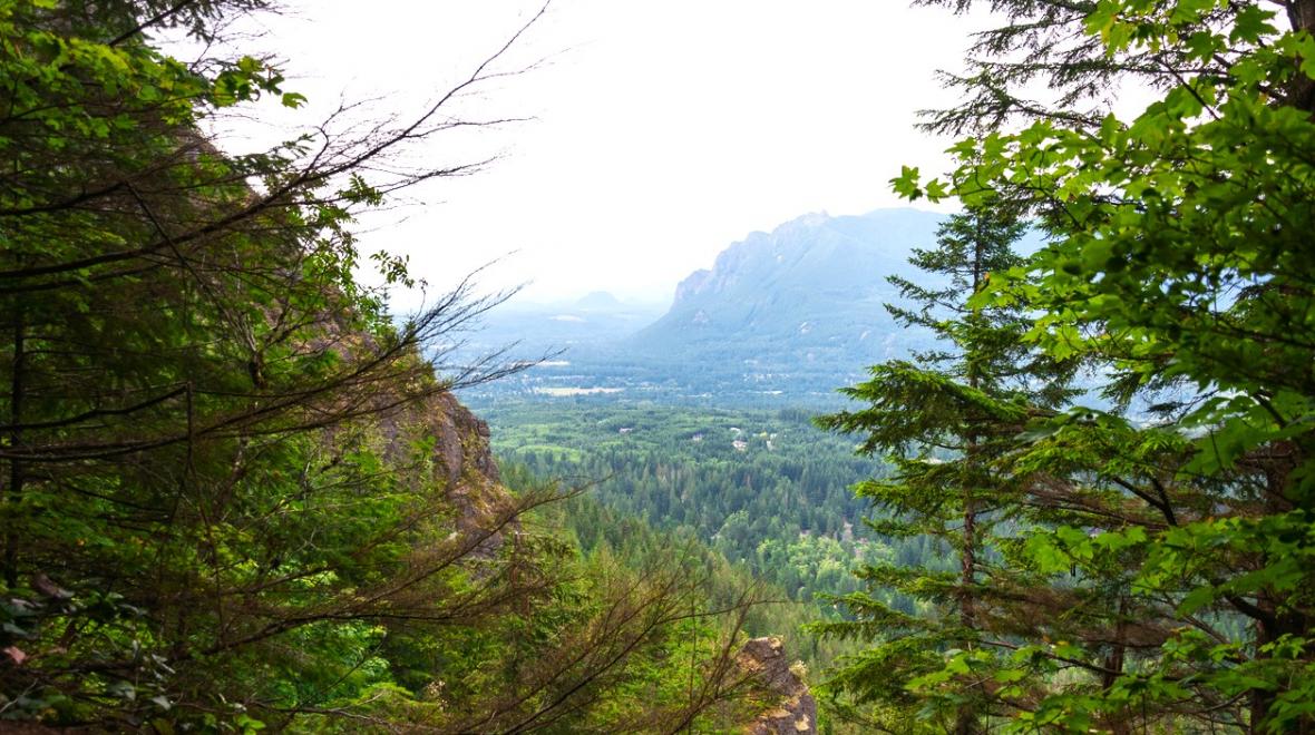 Peekaboo view from the trail up Rattlesnake Ledge North Bend popular family hike near Seattle