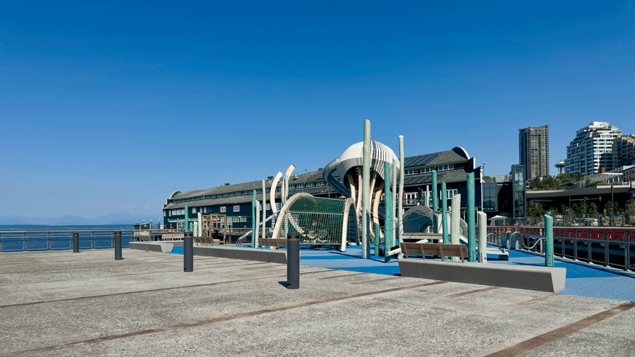 view of the new playground on Pier 58 with a jellyfish climber and the Seattle Aquarium in the background