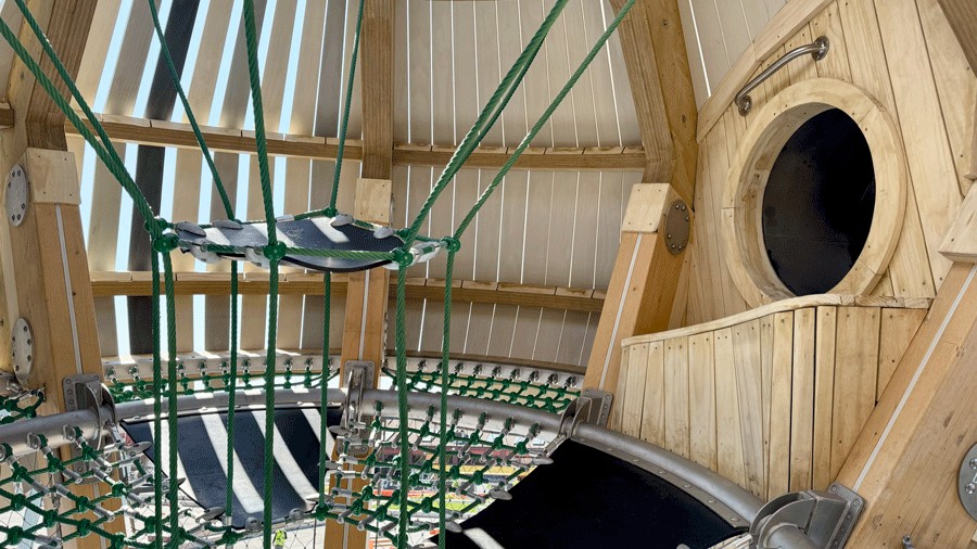 inside the jellyfish climber at Pier 58 with an entrance to the tube slide