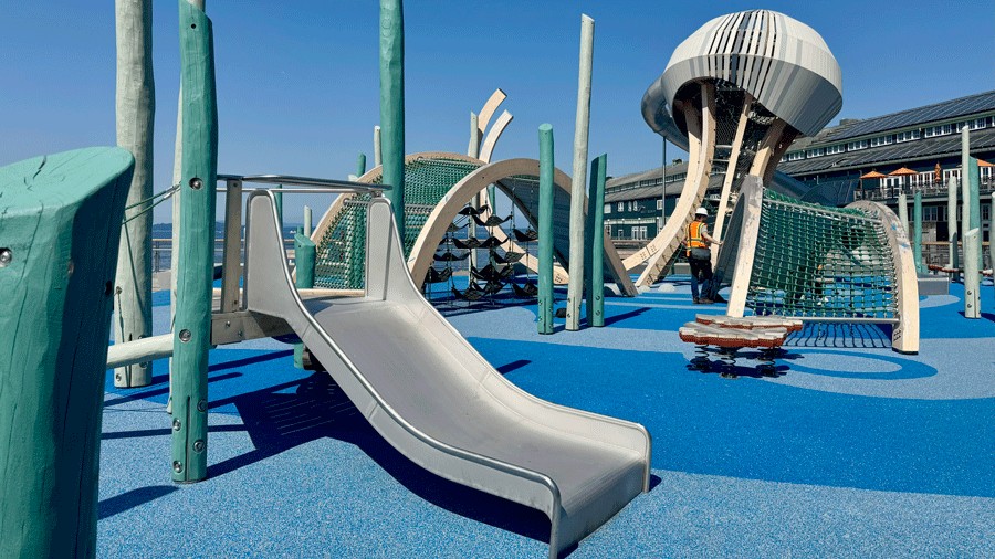 ADA-accessible toddler play area with a short slide and jellyfish climber in the background on Pier 58