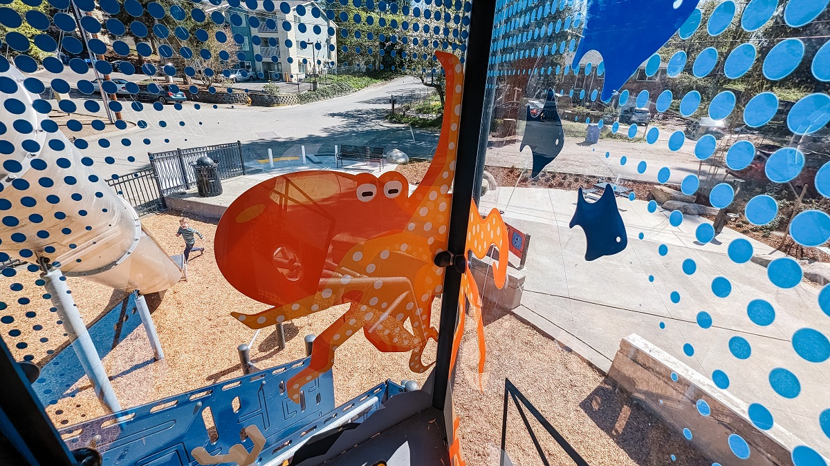 Looking out from the windows of the ocean themed climbing tower at Kent’s Salt Air Vista Park which has new playground equipment