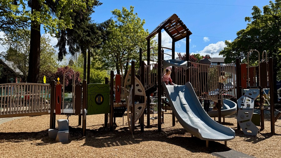 young girl at the top of a slide at salmon bay park, a new playground in seattle