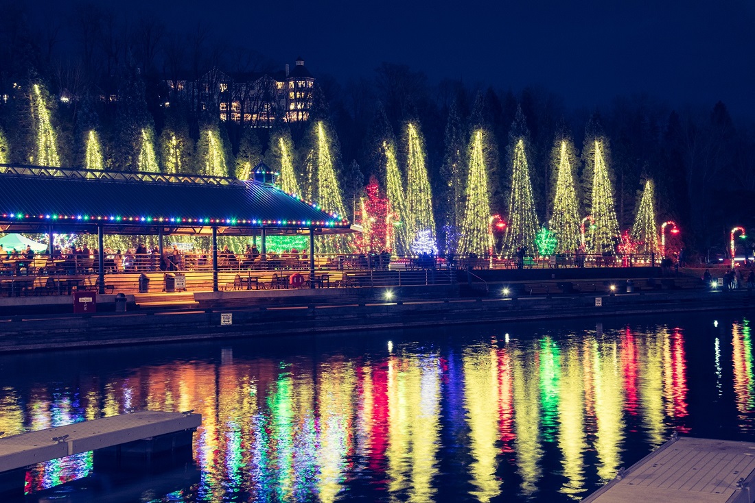 View of holiday light display set up at Gene Coulon Memorial Beach Park in Renton free light show near Seattle
