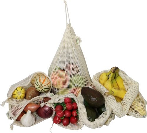 Cotton produce bags filled with fruits and veggies