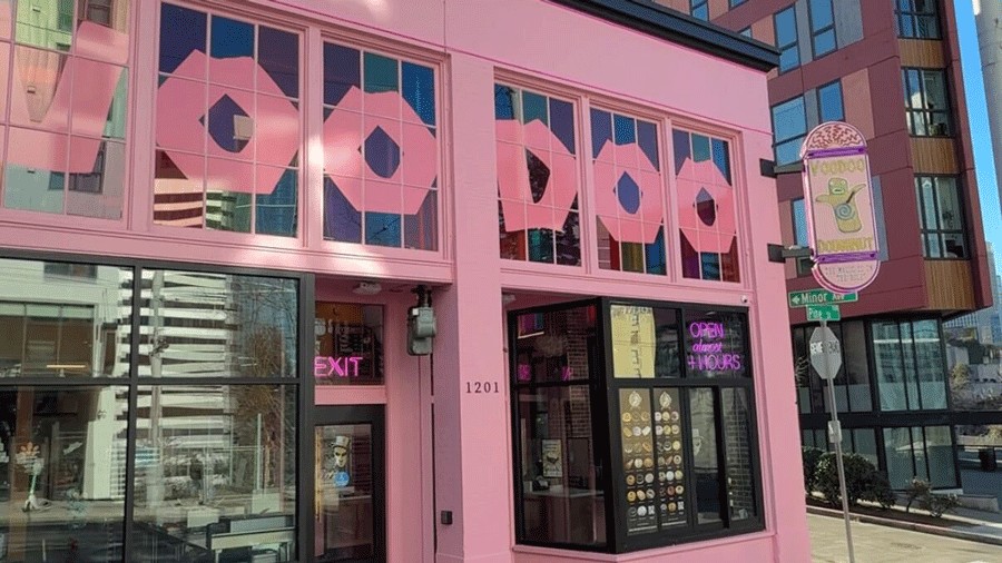 exterior of Voodoo Doughnut new location in Seattle