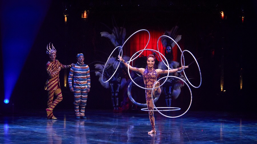 KOOZA performer spinning hoops on all four limbs during a circus act