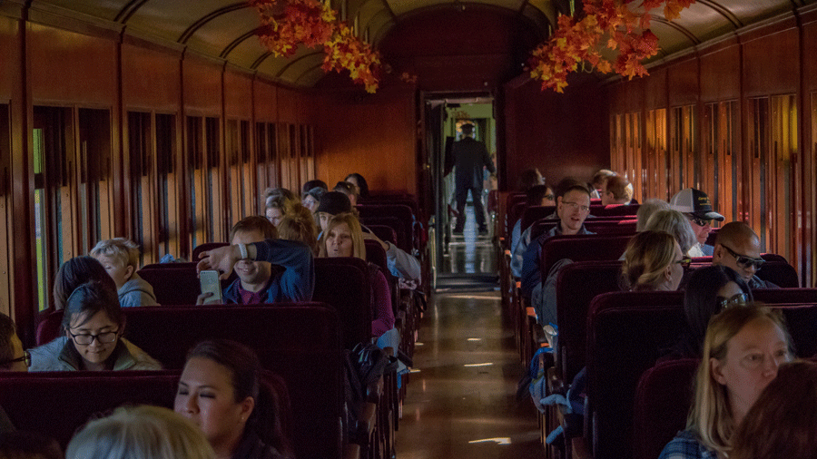 Passengers ride the Northwest Railway Museum Halloween Train near Seattle
