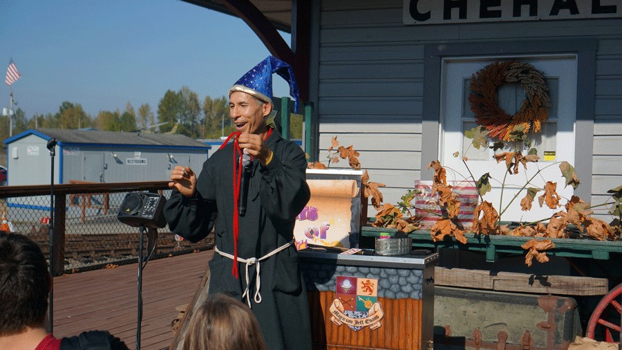 A magician at the Wizard Express, a Halloween train ride near Seattle