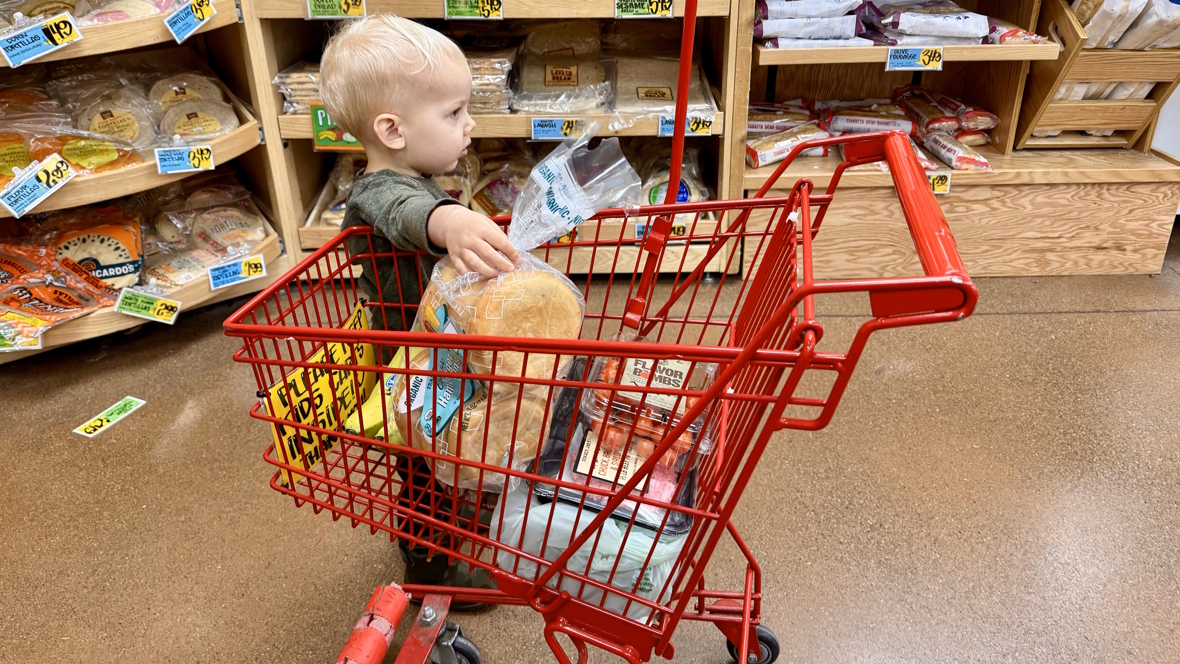 young child putting items in a small shopping cart at Trader Joe's