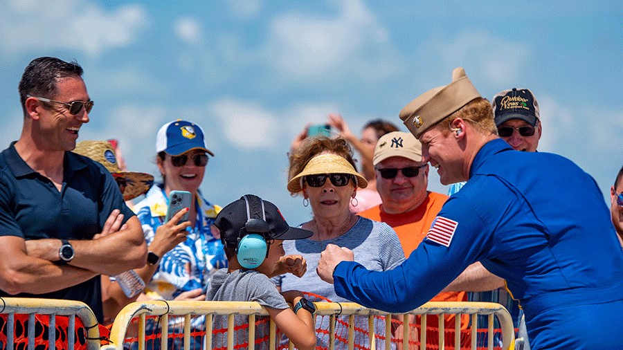 U.S. Navy Blue Angels crew meeting a crowd during Seattle Seafair