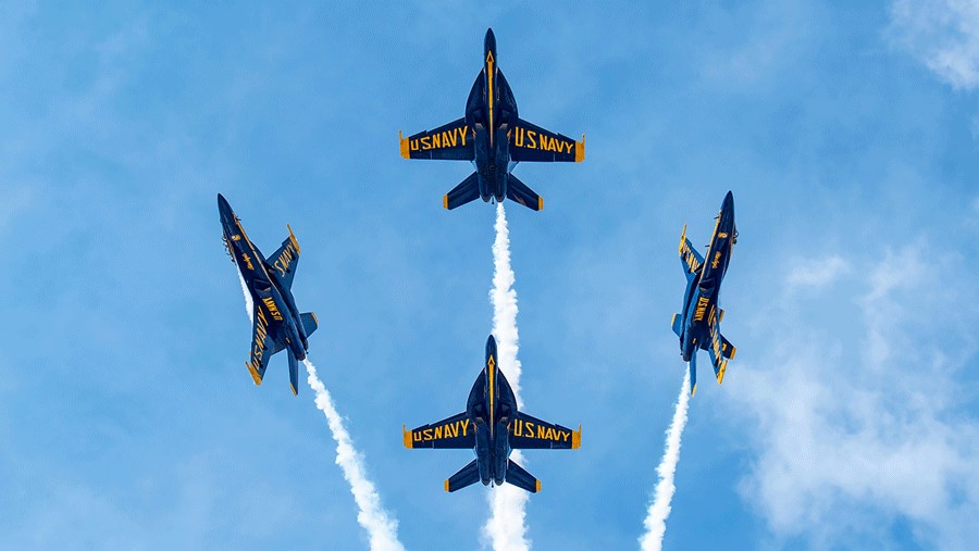 Blue Angels flying overhead in formation during Seattle Seafair