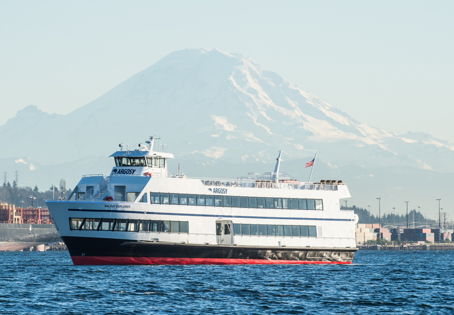 argosy ship with mt rainier in the background is a highlight of the Seattle Waterfront