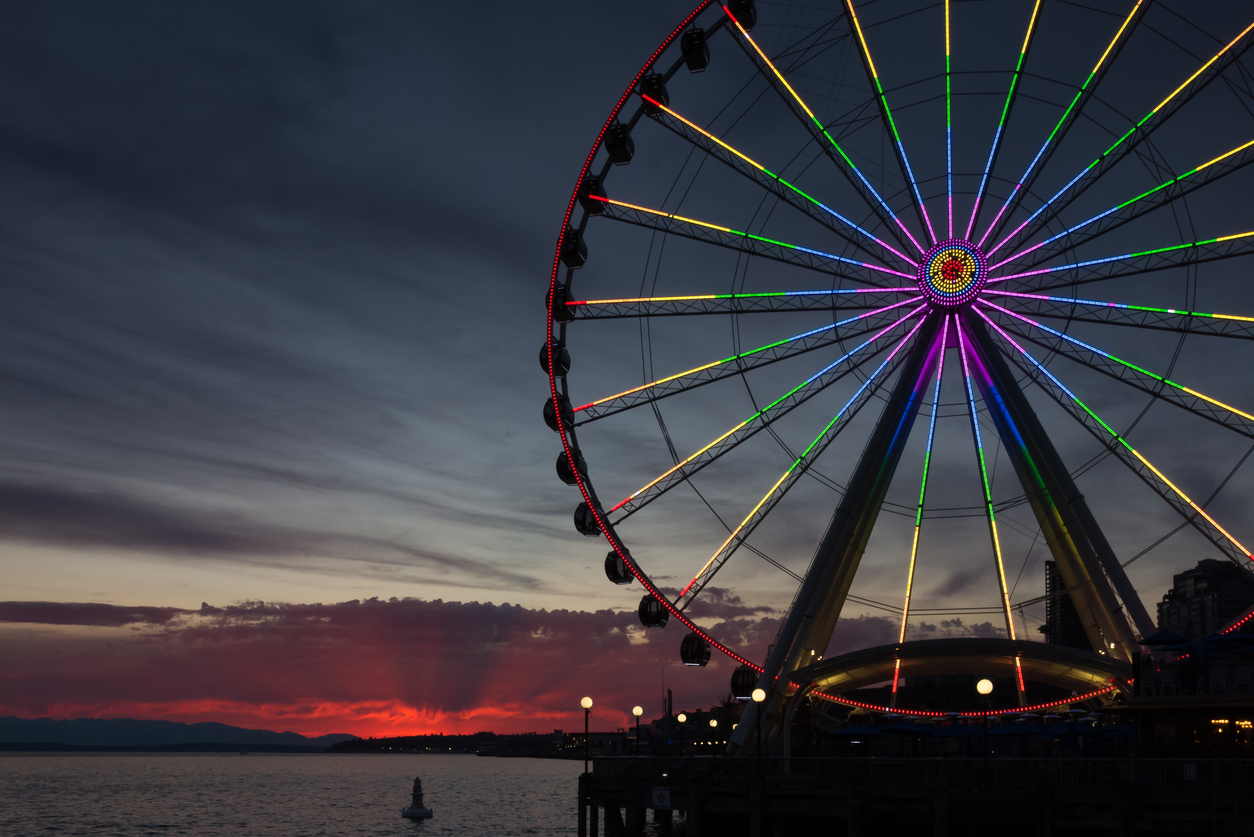 View of The Seattle Great Wheel waterfront Ferris wheel at Seattle waterfront in the evening