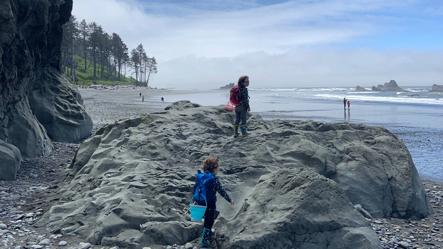 kids climbing a rock on the Pacific Coast