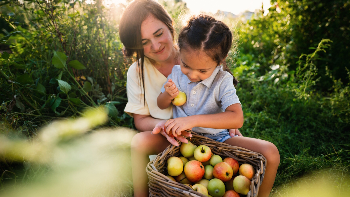 Mom and daughter picking apples together in Washington state