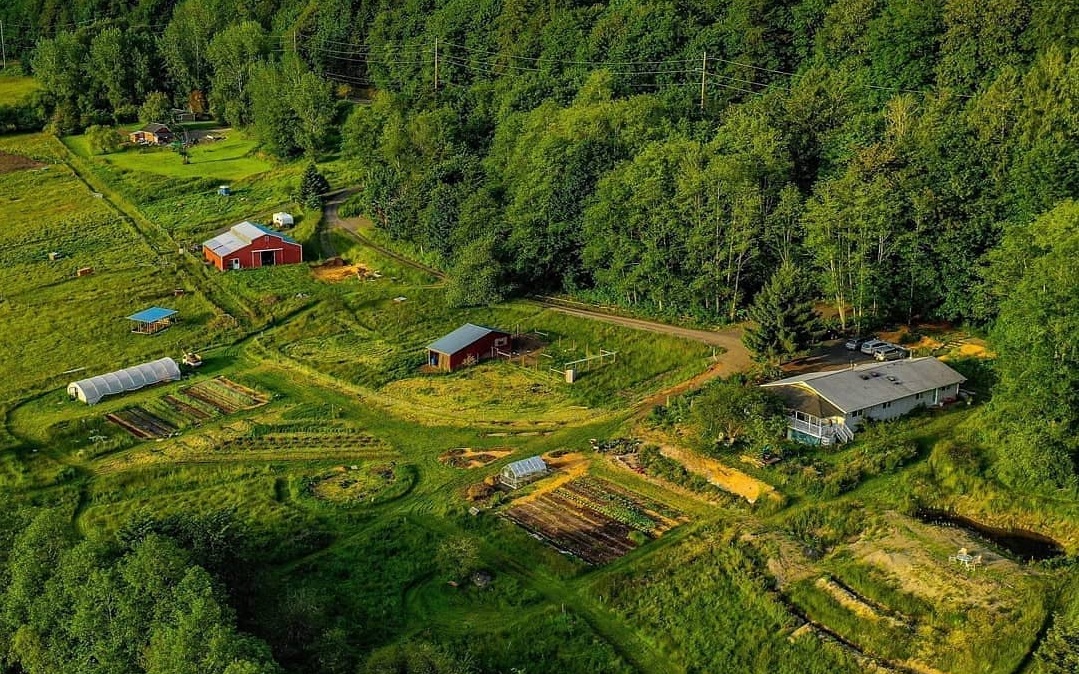 Aerial view of White Lotus Farm & Inn in Port Ludlow, Washington, where families can visit and stay on the farm