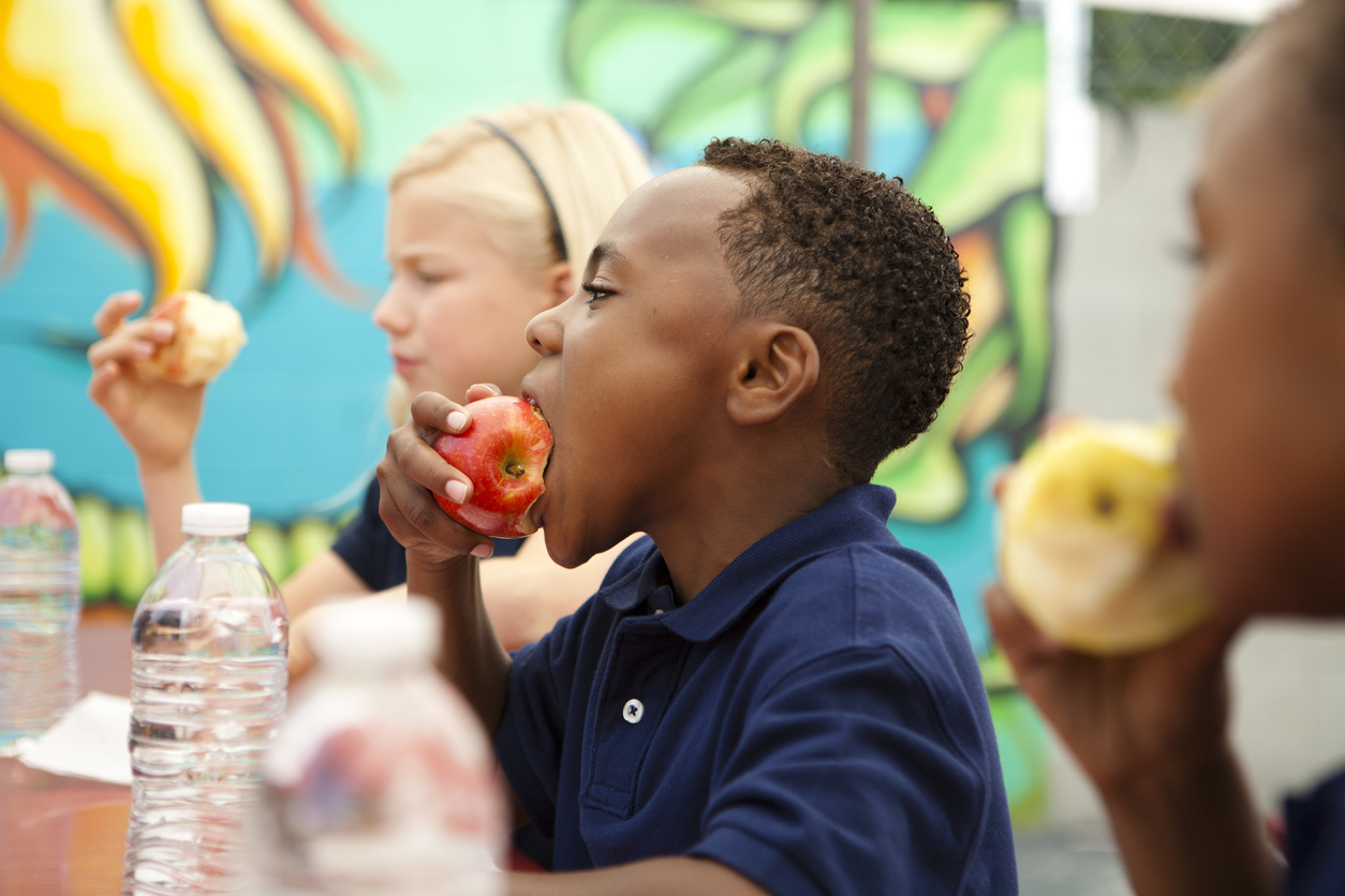 Boy blue shirt eating apple part of school lunch how to get more superfoods in kids' school lunches brain power focus stamina