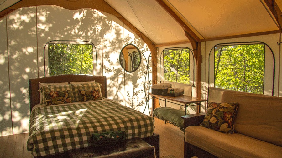 inside view of canvas cabins, a glamping experience for Seattle spring break