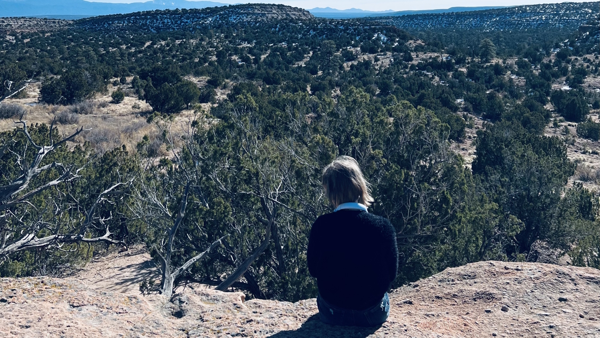 girl sitting and looking out at trees over a ravine. Neurodiverse family travel