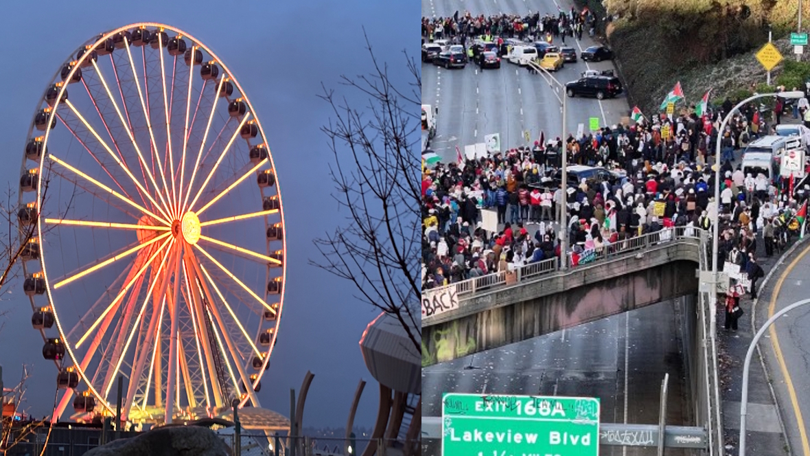 Seattle wheel and a protest on I-5