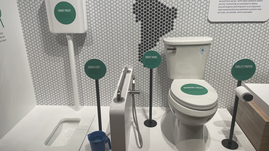 different types of toilets used around the world. Gates Foundation Discovery Center sanitation exhibit