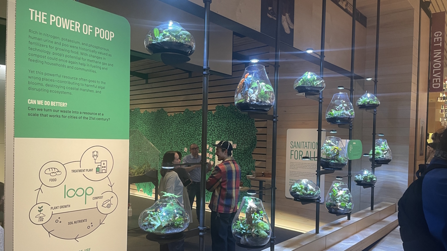 Biosolids and terrariums display Gates Foundation Discovery Center sanitation exhibit