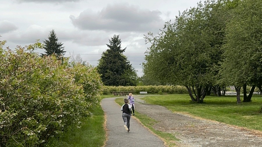 Kids running down the path at Charlotte's Blueberry Park expanded food forest in Tacoma