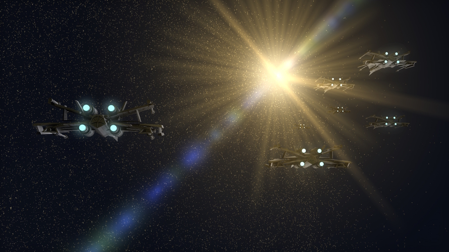 Star Wars x-wing fighter ships flying with stars and sun in background