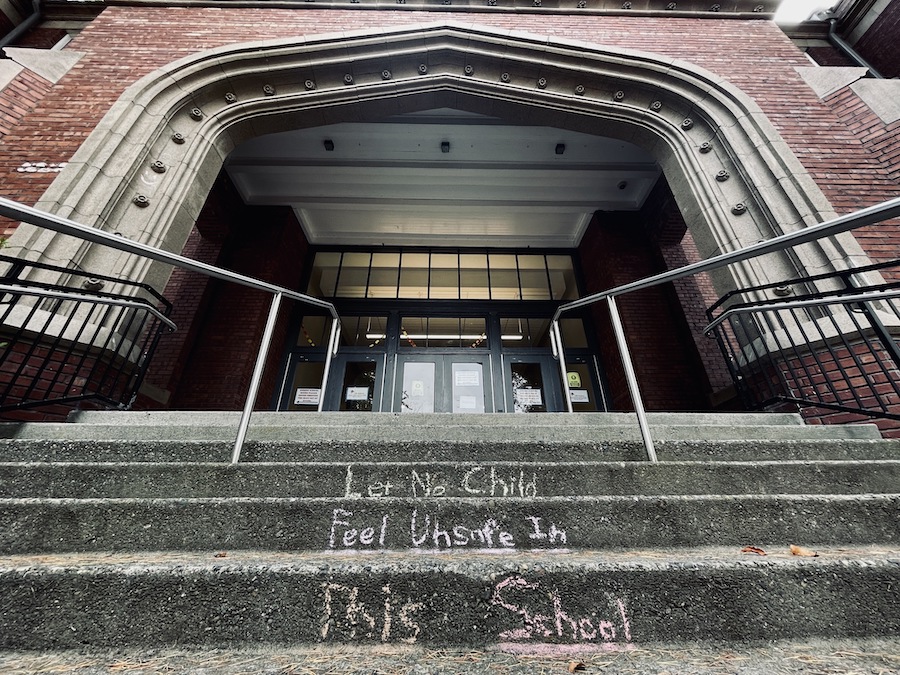 Let no child feel unsafe in this school. Chalk on the main entrance stairs of Lincoln High School