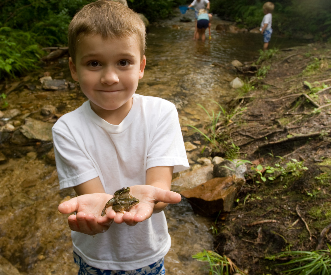 boy holding a frog with a creek and other kids in the background