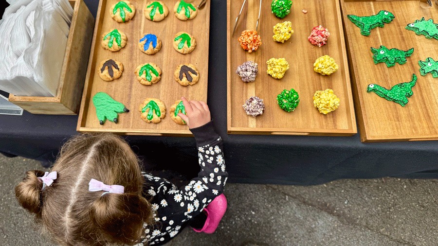 kid picking a dinosaur cookie on a tray at Woodland Park Zoo's dinosaur exhibit with a themed menu
