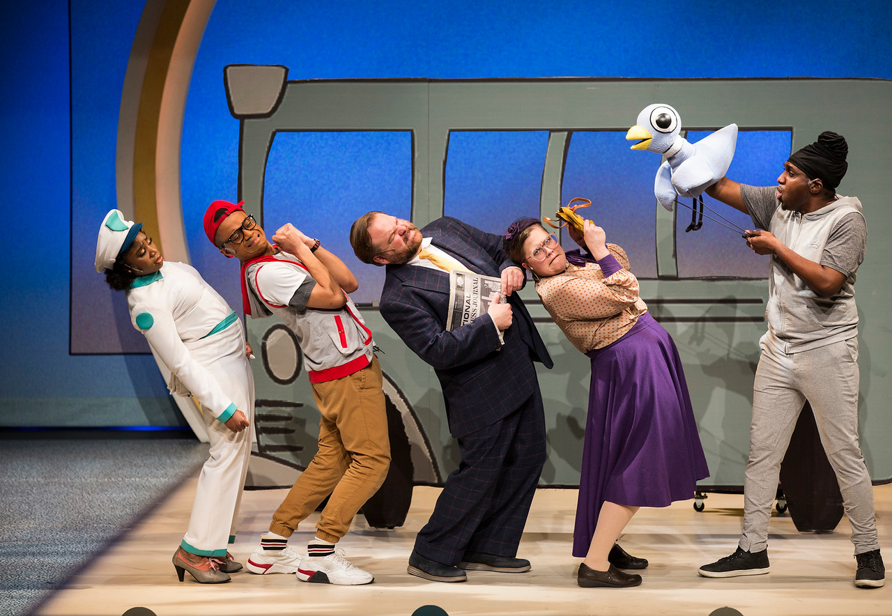 Actors performing in a scene from Seattle Children's Theatre's production of "Don't Let the Pigeon Drive the Bus! The Musical"