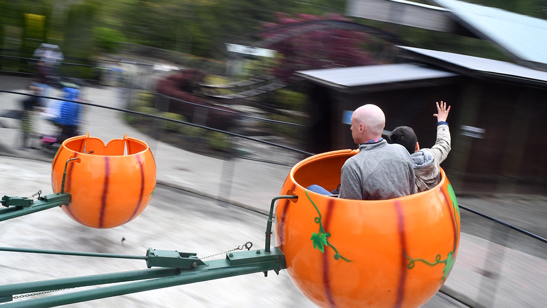 Dad and kid on the flying pumpkin ride at Remlinger farms