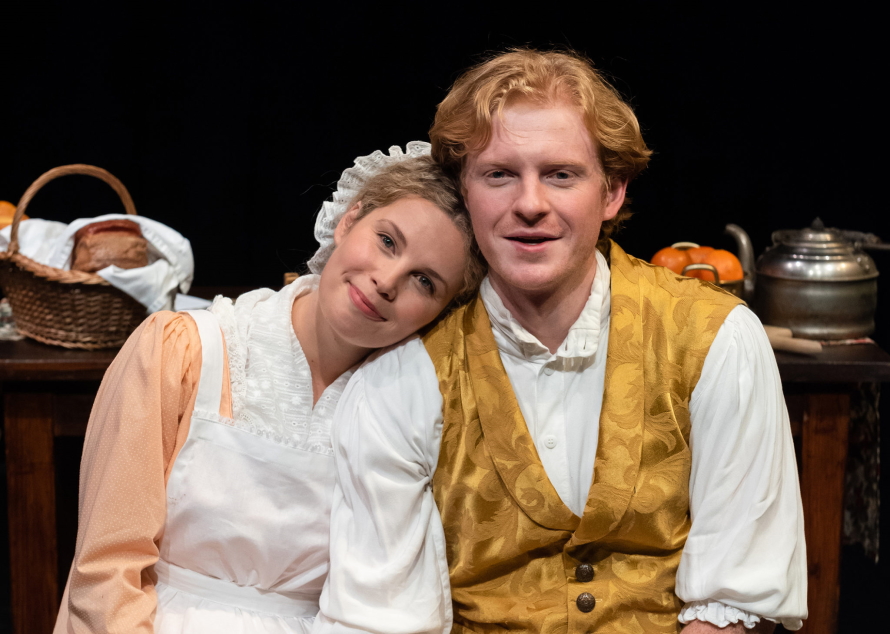 Katheryn Bogley and Ricky Spaulding in The Wickhams: Christmas at Pemberley at Taproot Theatre. Photo by Robert Wade