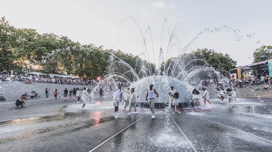 Performers at the Seattle Center fountain for Bumbershoot, an outdoor music festival