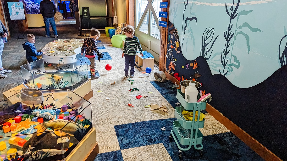 Two preschool-age children play in the Caring Cove indoor play area at the Seattle Aquarium. Caring Cove recently underwent a refresh.