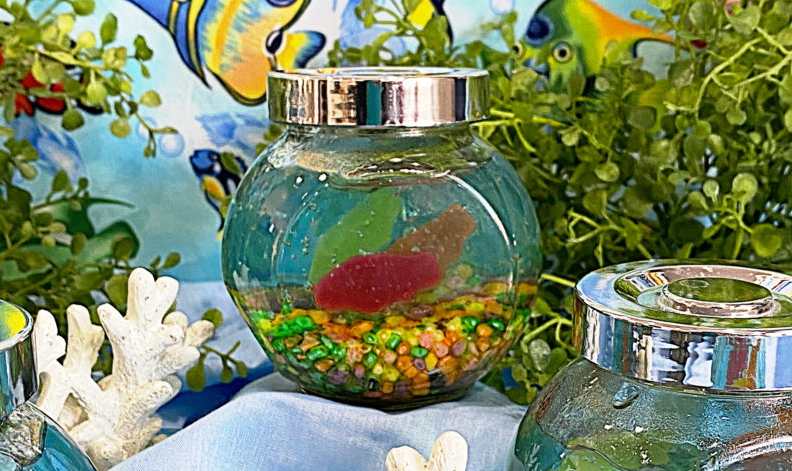 Mini fish tank made with blue Jello, Nerds and gummy fish